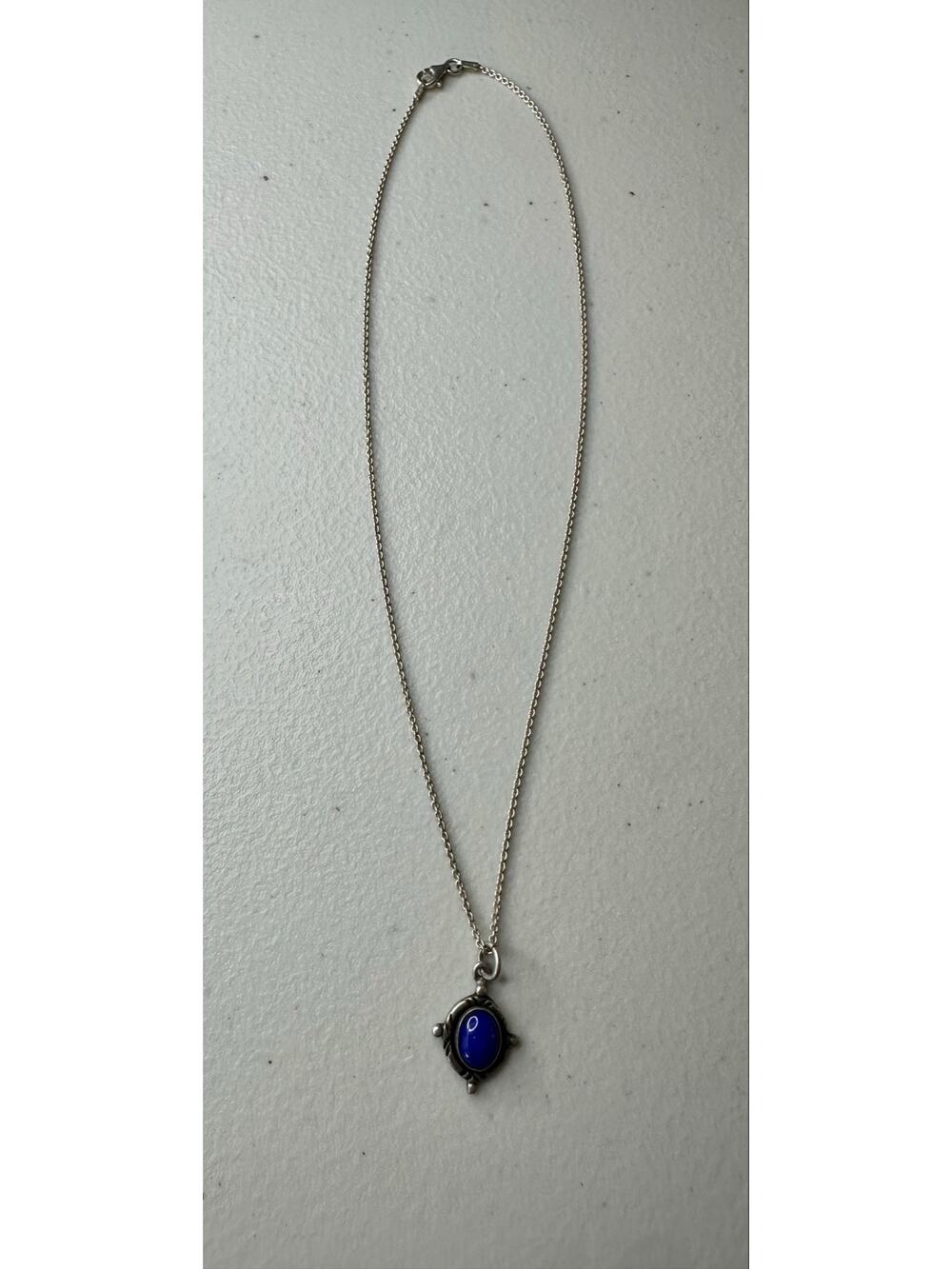 Vintage 925 Sterling Silver Oval Lapis Lazuli Cabochon Pendant Necklace 16"